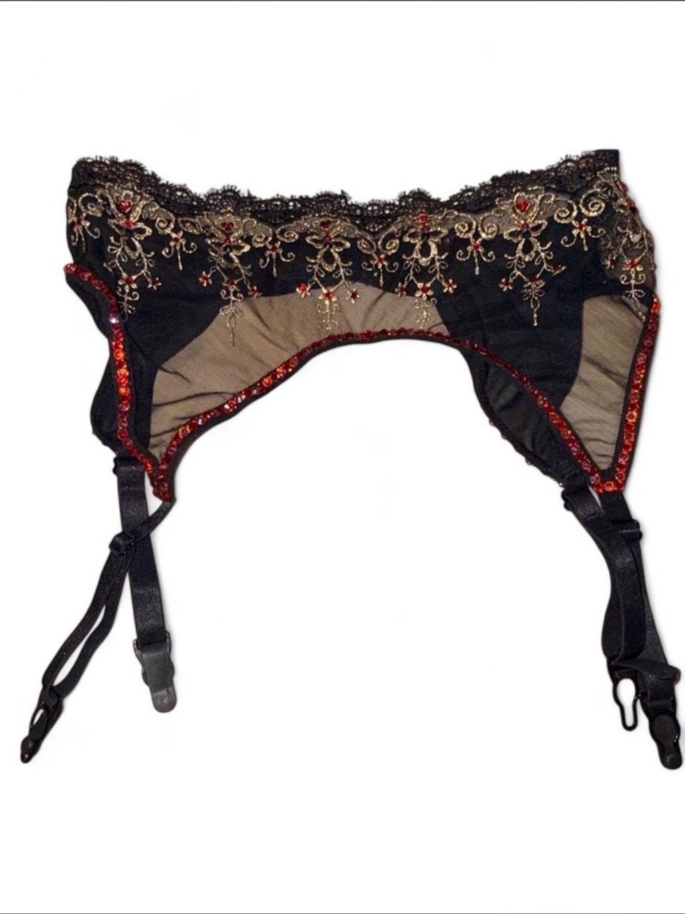 Luxury Black Lace & Gold Embroidered Garter Belt with Red Accents